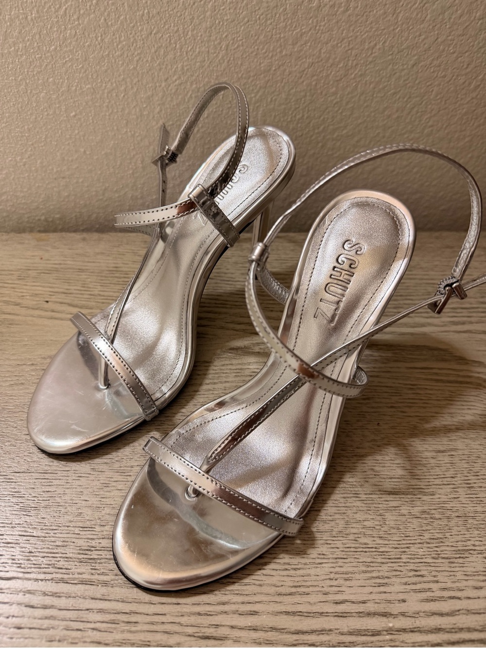 SCHUTZ Metallic Silver Strappy Slingback Heels